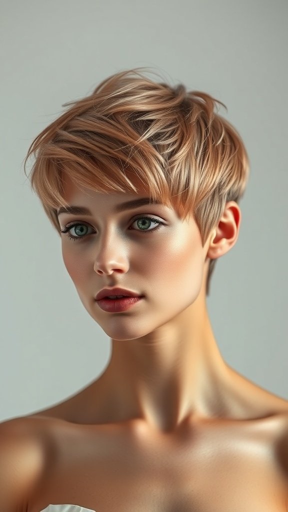 A woman with a muted rose gold shaggy pixie cut, showcasing a stylish and modern look.