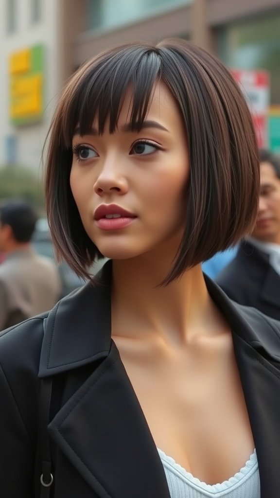 A woman with a one-length micro bob and jagged bangs, showcasing a modern hairstyle.