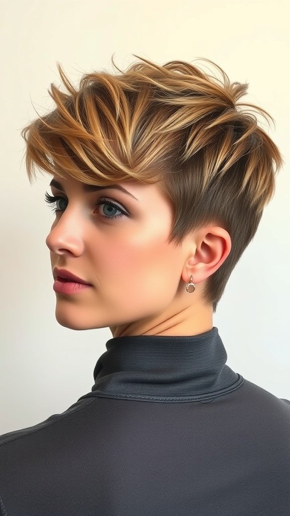 A stylish pixie haircut featuring jagged bangs and a stacked back, showcasing texture and shape.