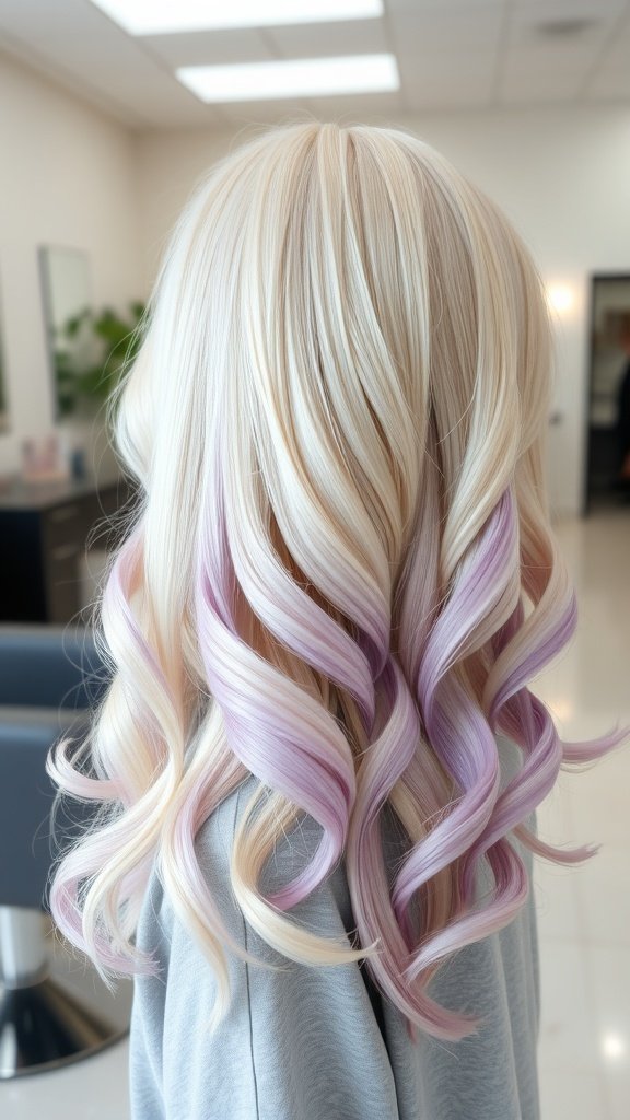 A hairstyle featuring platinum blonde hair with lavender money piece highlights, styled in soft curls.