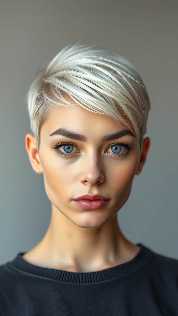 A close-up of a woman with a platinum pixie cut and dark roots, showcasing a modern hairstyle.