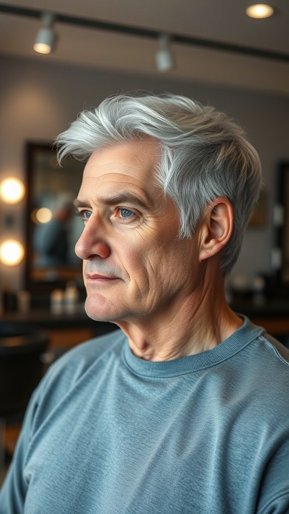 A man with silver hair and platinum streaks, styled elegantly in a salon.