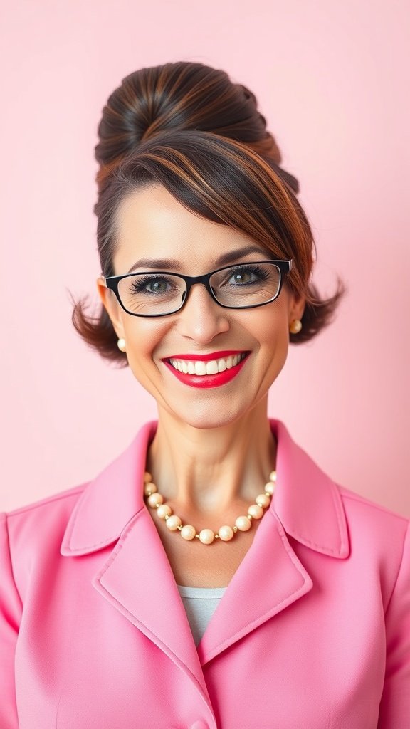 A woman with a retro-inspired beehive hairstyle and side bangs, wearing a pink blazer and pearl necklace, smiling against a pink background.