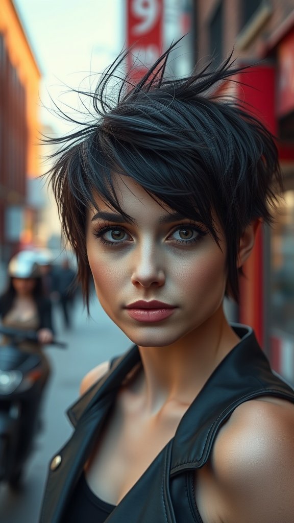 A model with a rocker chic pixie haircut featuring choppy layers, looking confidently at the camera.