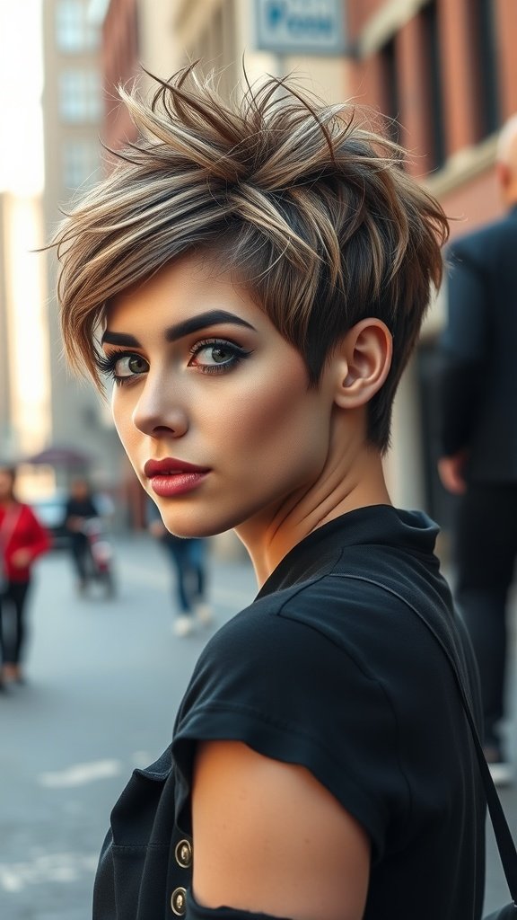 A stylish woman with a rocker chic pixie haircut featuring choppy layers, looking confidently over her shoulder in an urban setting.