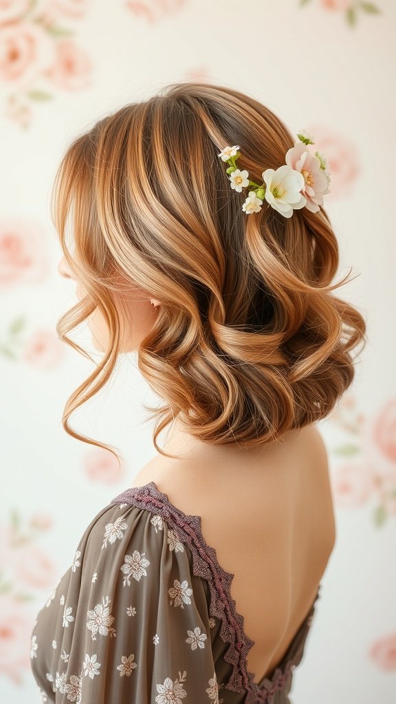 Shoulder-length hairstyle with rose gold color and floral accessories