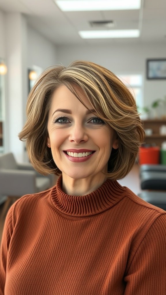 A woman with a rounded bob hairstyle featuring inward curls, smiling in a cozy setting.