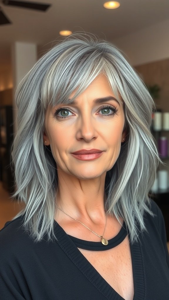 A woman with shaggy gray lob hairstyle featuring textured layers, smiling confidently.