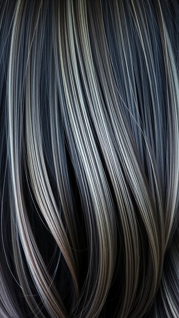 Close-up of dark hair with shimmering silver gray ends