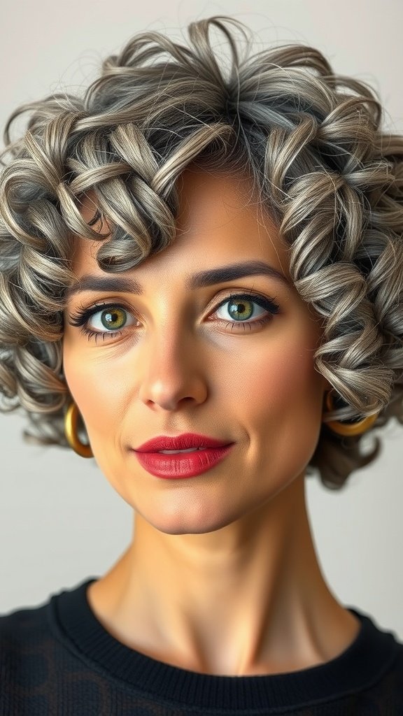 A woman with a short curly bob hairstyle featuring natural gray curls, wearing bold makeup.