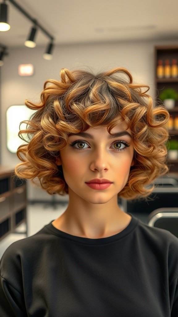 A woman with a short curly perm and a playful fringe, showcasing a vibrant hairstyle.