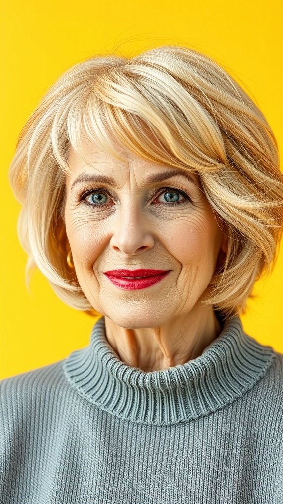 A woman over 70 with a short honey blonde bob hairstyle, wearing a cozy sweater and bright lipstick against a yellow background.