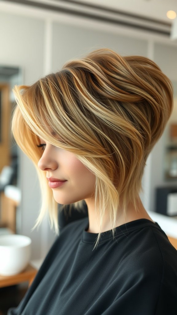 A woman with a short layered haircut featuring a voluminous crown, showcasing soft waves and highlights.