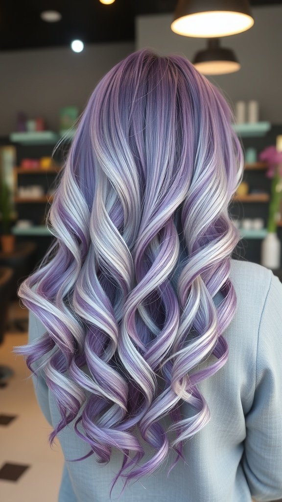 A woman with beautifully curled hair featuring a silver and purple melt color.