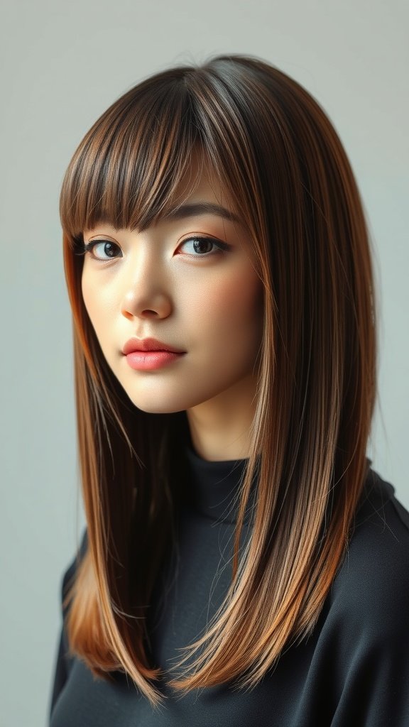 A woman with sleek, straight hair and side-swept bangs, showcasing a modern hairstyle.
