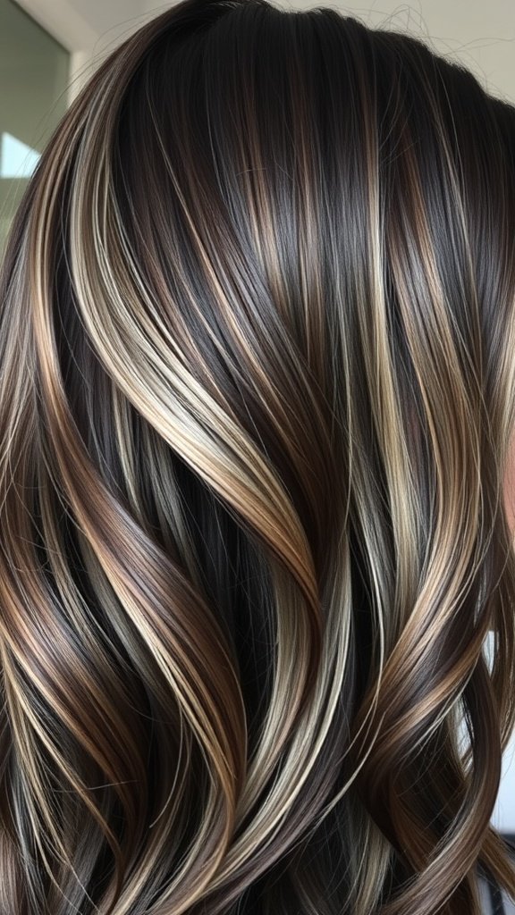Close-up of dark brown hair with silver ash tips styled in soft waves.
