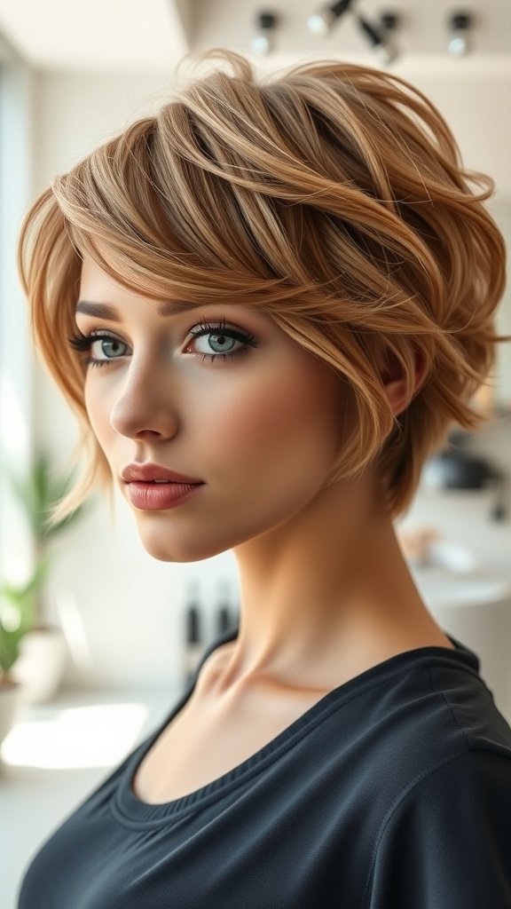 A woman with a soft wavy pixie bob hairstyle, showcasing light waves and a stylish look.