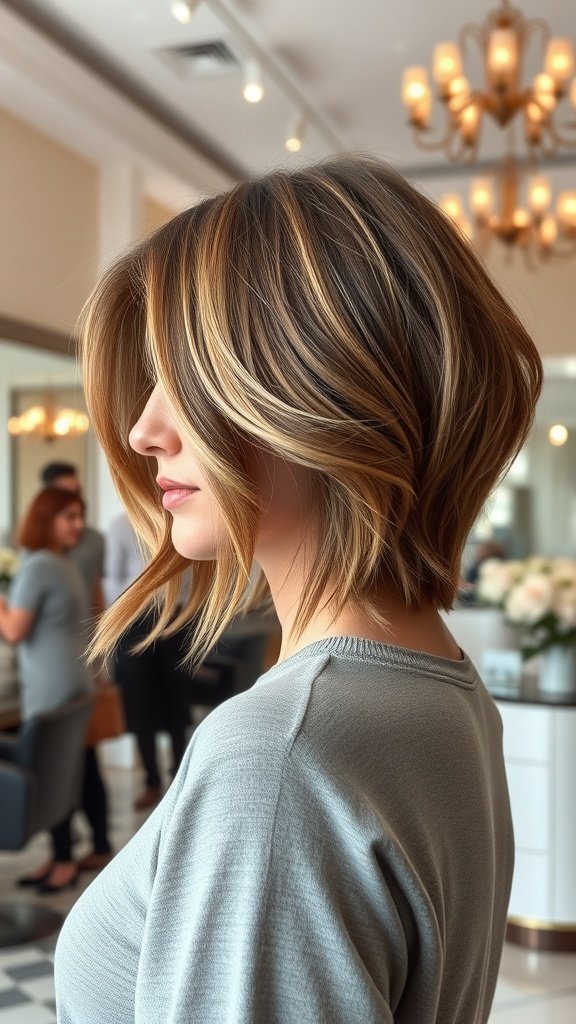 A woman with a softly layered asymmetrical bob hairstyle, showcasing warm highlights and gentle waves.