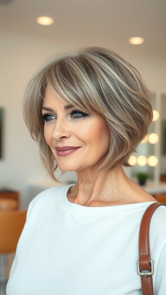A woman with a sophisticated layered shag hairstyle, looking stylish and confident.