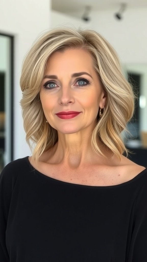 A woman with a sophisticated layered shag hairstyle, showcasing volume and movement.