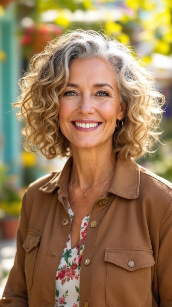 A woman with spiral curls and a subtle ombre hairstyle, smiling in a casual setting.