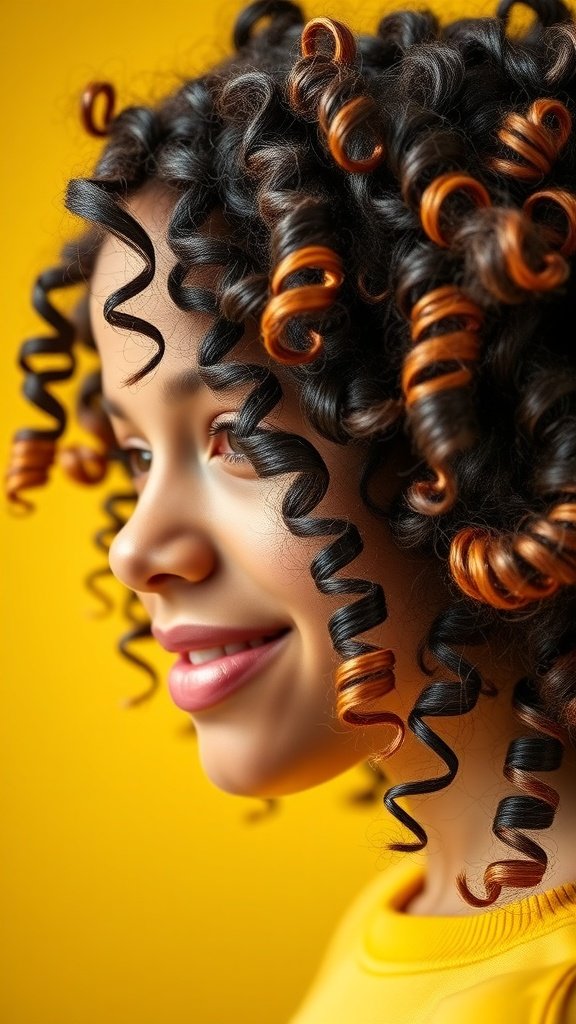 A close-up of a person with springy spiral curls, featuring black hair with orange highlights against a yellow background.
