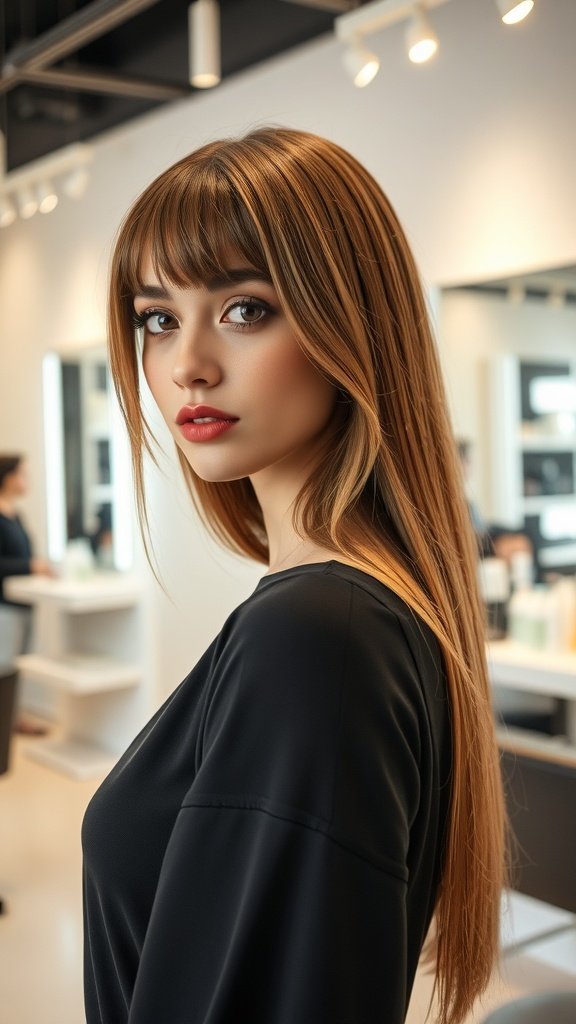 A woman with straight hair and soft curtain bangs, showcasing a stylish look.
