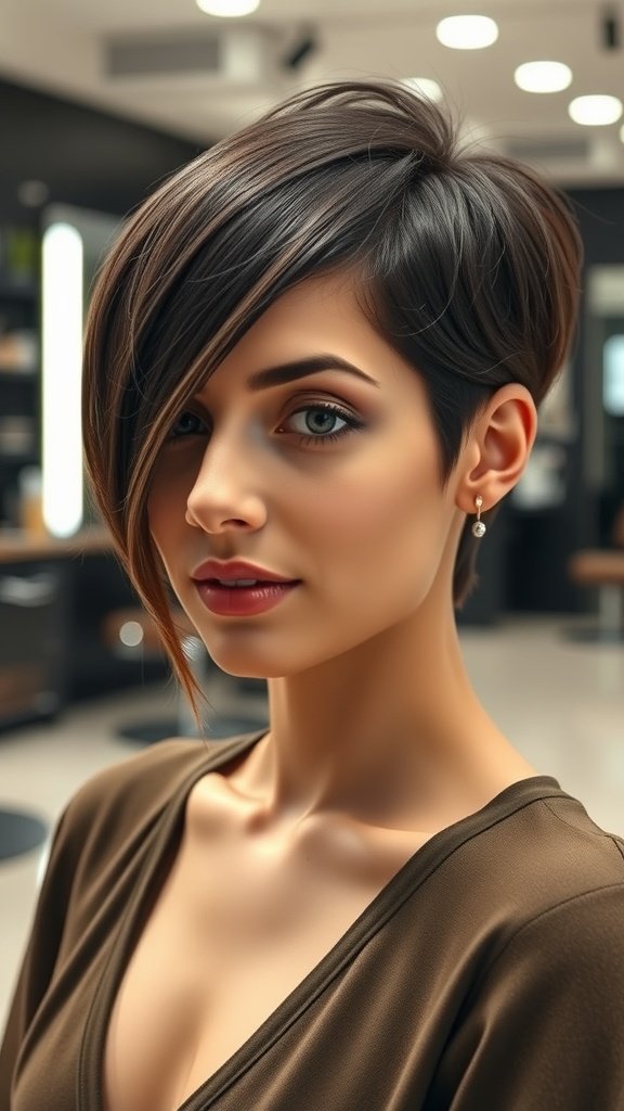 A woman with a straight pixie hairstyle featuring a deep side sweep, showcasing a modern and chic look.