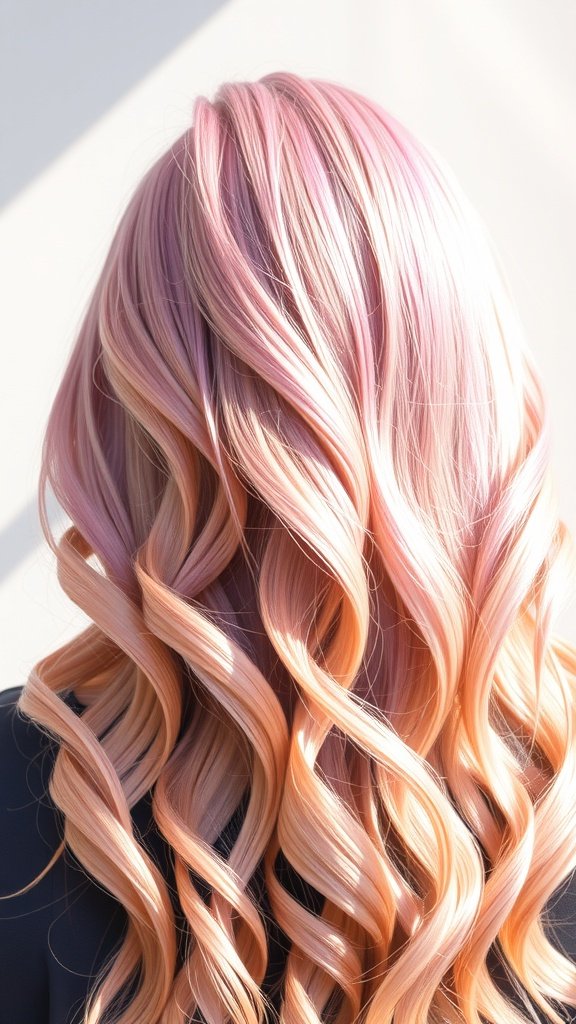 Strawberry blonde hair with lavender tips styled in soft curls