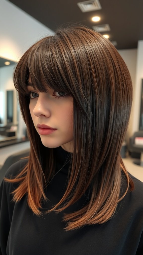 A woman with a structured layered haircut and heavy bangs, showcasing thick hair with warm tones.