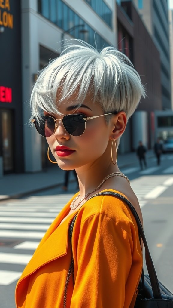 A stylish model with a platinum silver pixie cut wearing sunglasses and an orange jacket.