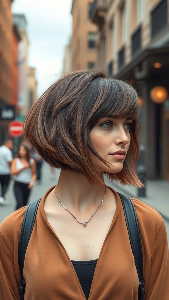 A woman with a tapered bob hairstyle featuring choppy layers and a voluminous crown, walking in a city street.