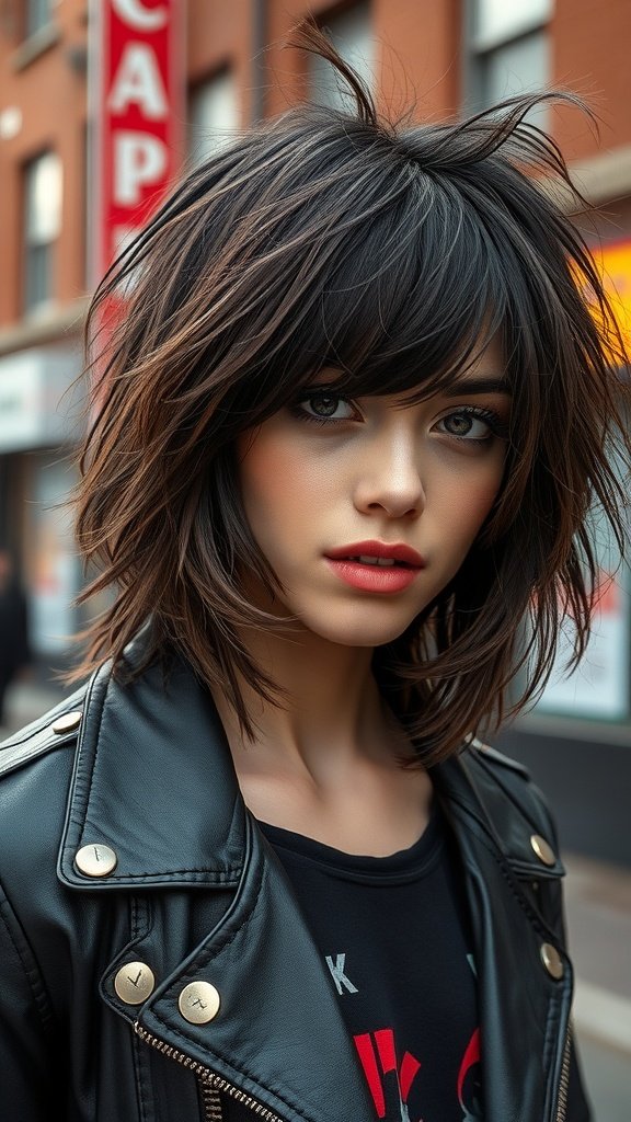 A person with a textured shag haircut and micro bangs, wearing a leather jacket, in an urban setting.