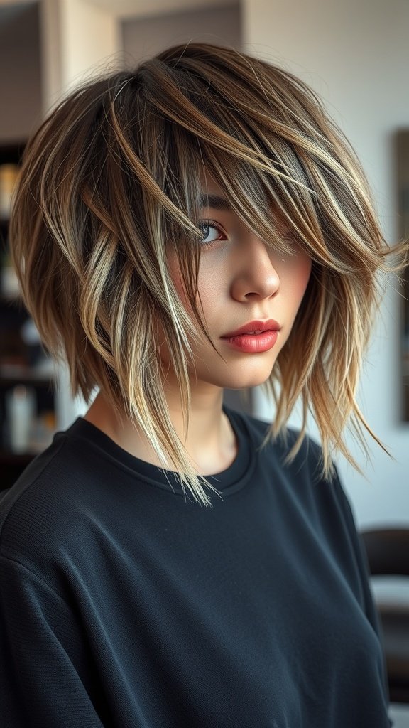 A woman with a tousled razored bob and curtain bangs, showcasing a modern hairstyle.