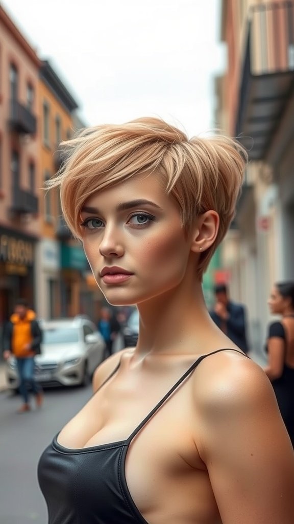 A model with an ultra-short rose gold bixie haircut, standing in a city street.