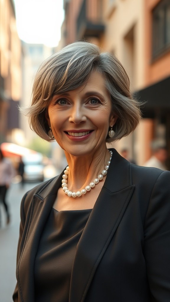A woman with a vintage-inspired finger wave bob hairstyle, wearing a black blazer and pearl necklace, smiling confidently in an urban setting.