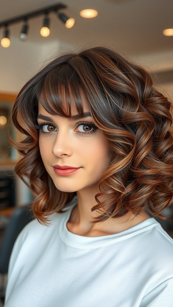 A woman with voluminous curls on a blunt bob cut, showcasing a stylish and trendy hairstyle.