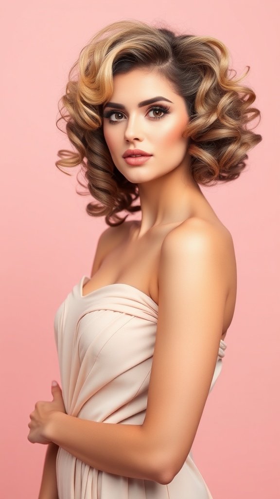 A woman with voluminous curls and light bangs, showcasing a glamorous hairstyle.