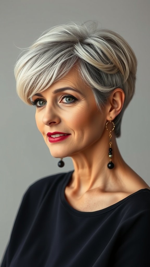 A woman with a wavy layered pixie cut, showcasing a stylish and modern hairstyle for women over 50.