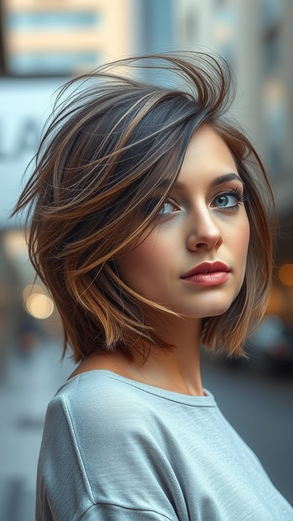 A woman with a wispy feathered lob haircut, showcasing soft layers and a stylish appearance.