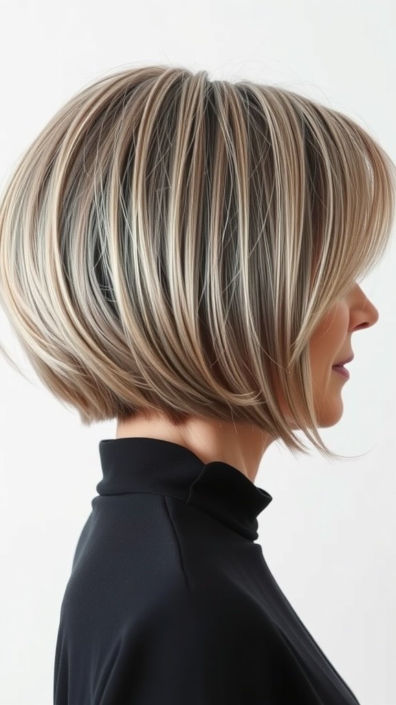 A woman with a classic French bob hairstyle, showcasing soft layers and highlights.