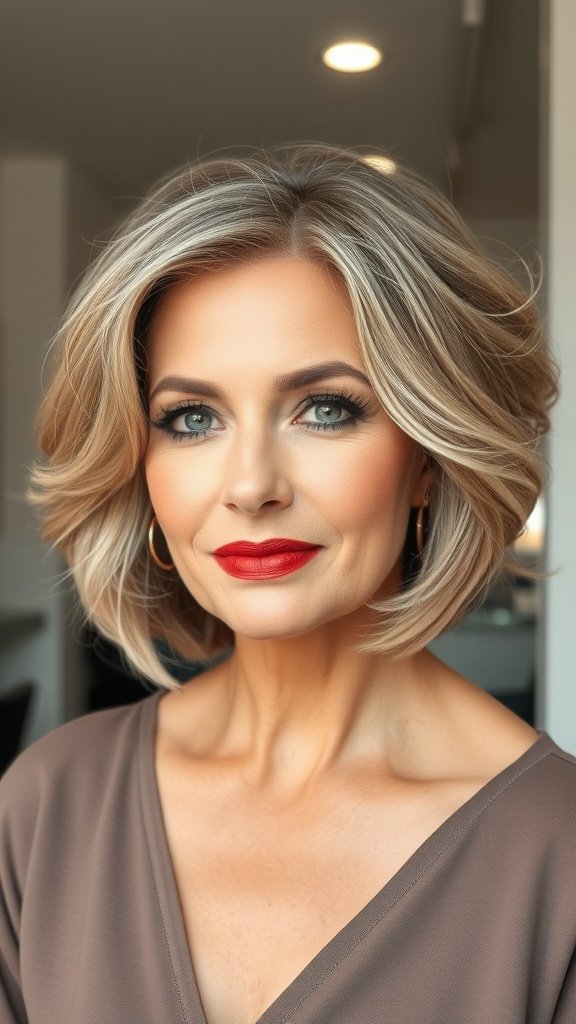 A woman with a classic French bob hairstyle, featuring soft waves and a stylish appearance.