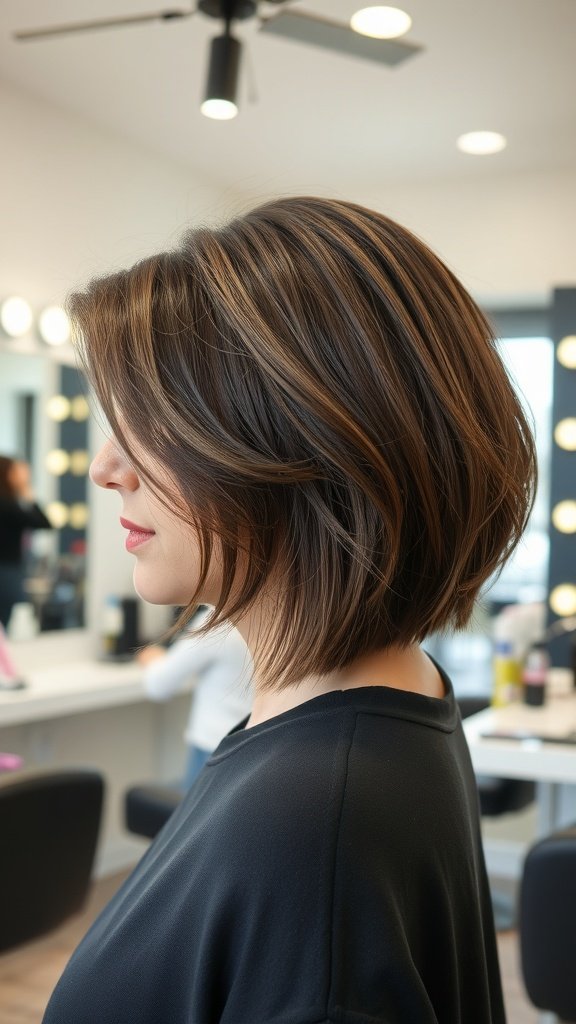 A woman with an angled bob hairstyle featuring front feathering, showcasing volume and flow.