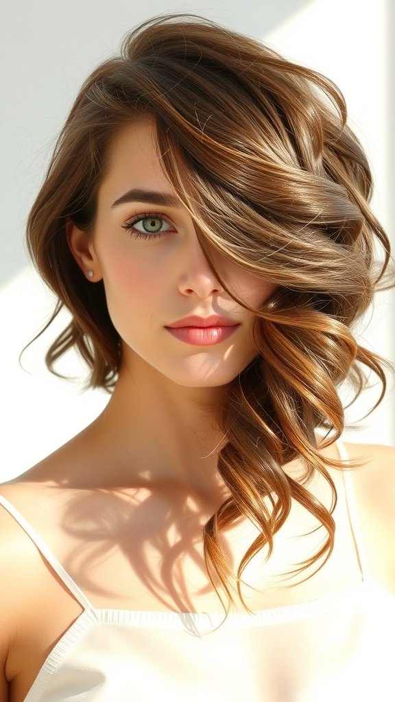 A woman with an asymmetrical haircut featuring soft waves, showcasing a stylish and modern look.
