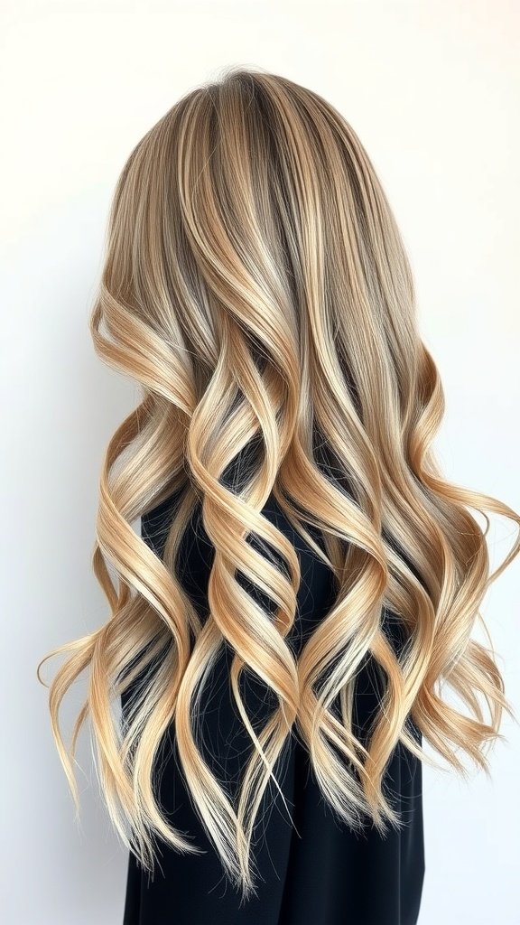 A beautiful hairstyle featuring balayage blonde with soft black lowlights, styled in loose waves.