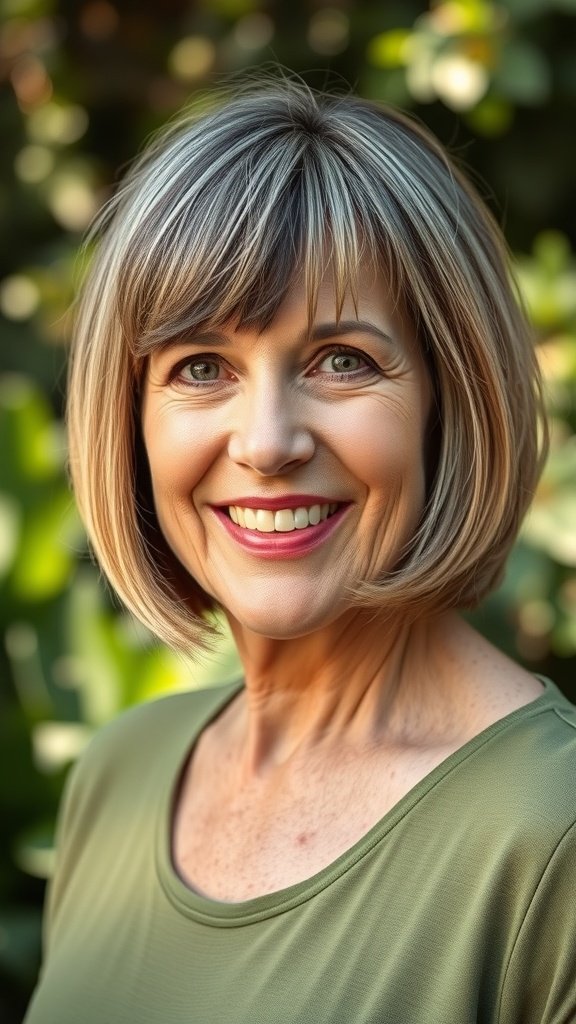 A woman over 50 with a blunt cut hairstyle featuring subtle highlights, smiling confidently.