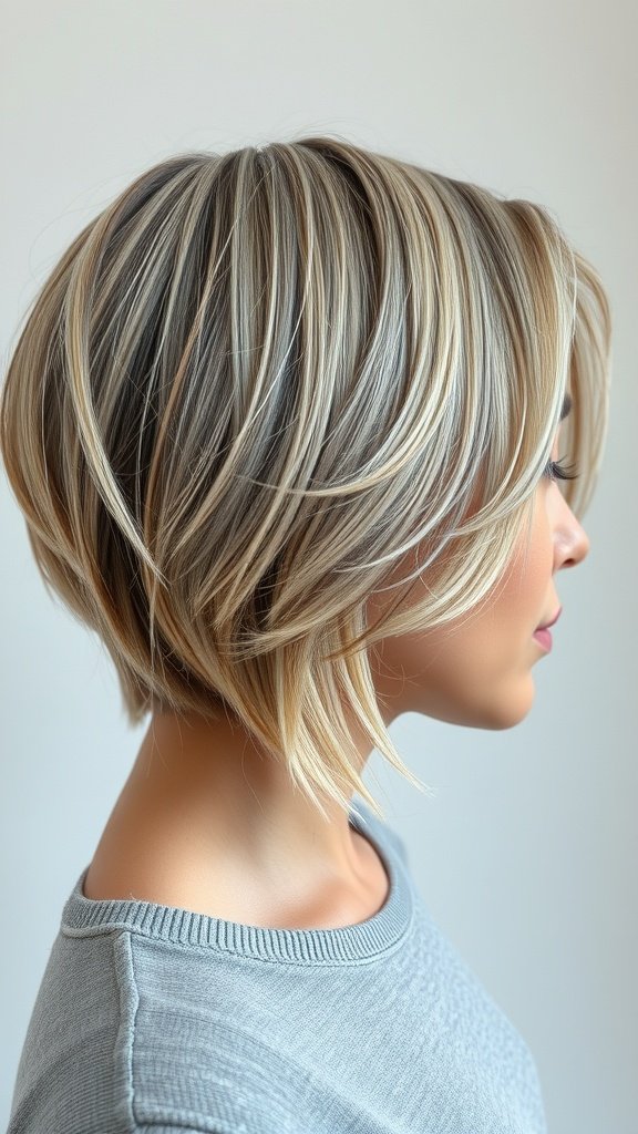 A stylish bob haircut featuring feathered layers and ash blonde highlights.