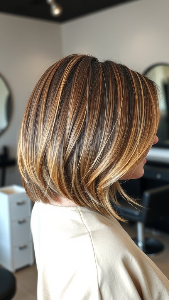 A stylish bob cut with caramel highlights, showcasing a modern and warm hairstyle.