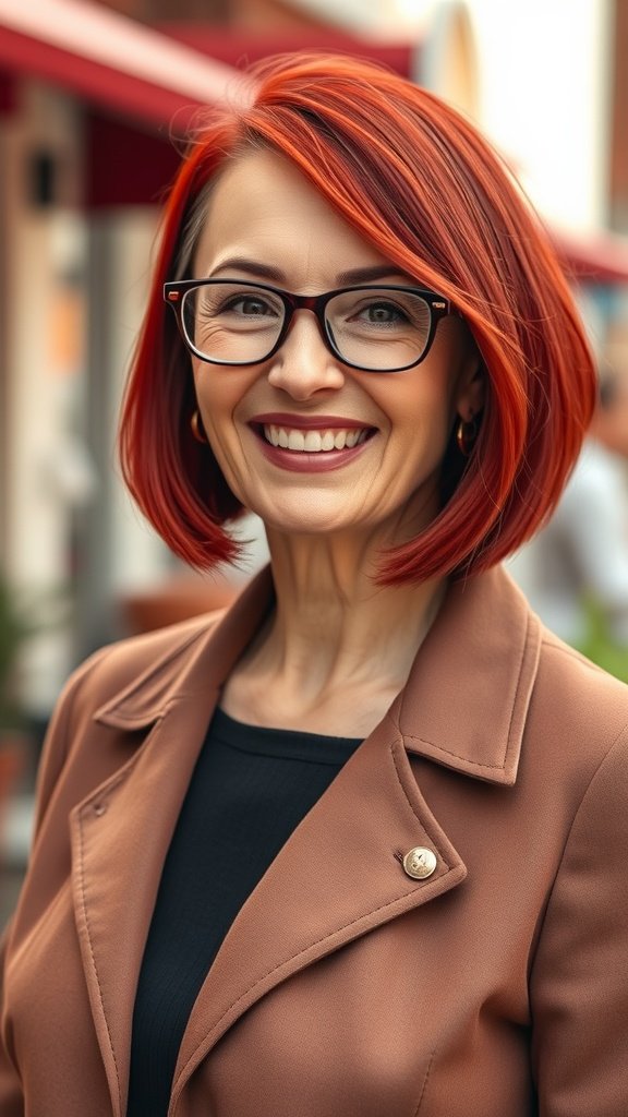 A woman with a cherry-red A-line bob hairstyle, wearing glasses and a brown jacket, smiling outdoors.