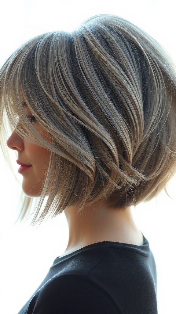 A woman with a chin-length bob hairstyle featuring delicate layers, showcasing gray hair.